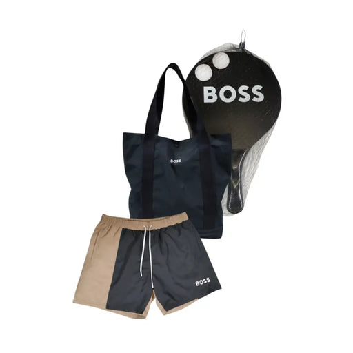 Boss men swimwear black and beige two-tone swim shorts with white drawstring and boss logo on the side