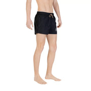Schwarze Badehose von Boss für Herren aus Polyamid mit beigem Kordelzug-Logo und Schnürtaschen am linken Bein