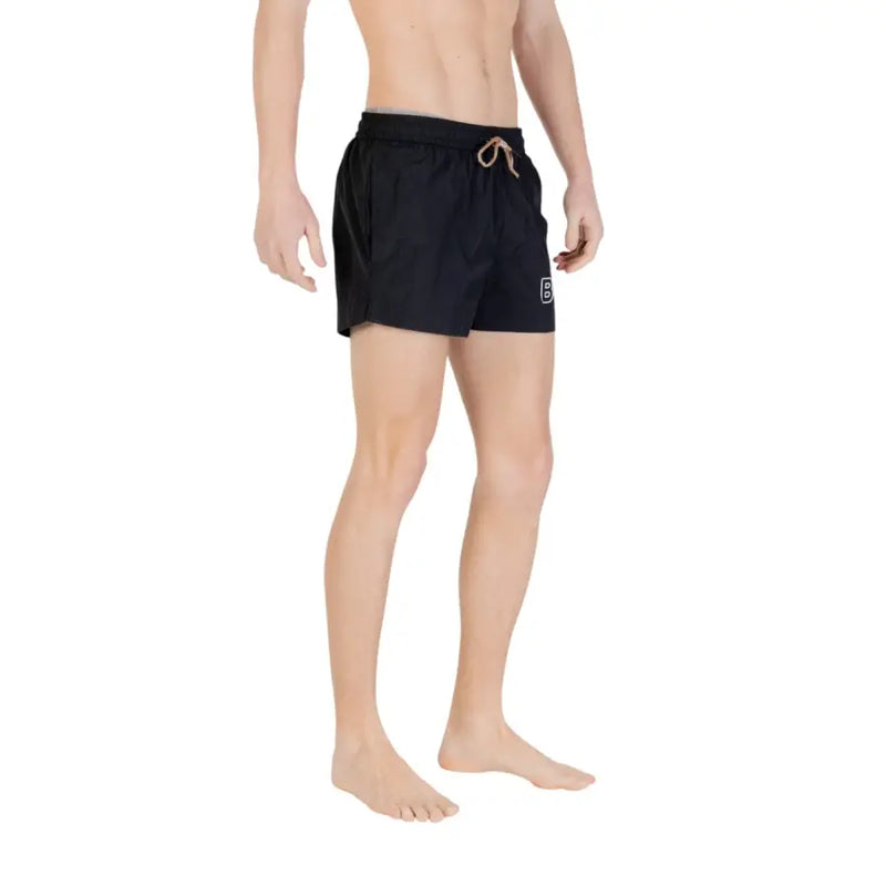 Schwarze Badehose von Boss für Herren aus Polyamid mit beigem Kordelzug-Logo und Schnürtaschen am linken Bein