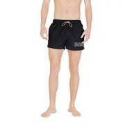 Schwarz Hugo Boss Badehose mit weißem Logo, beigefarbenem Kordelzug, aus Polyamid, mit Schnürtaschen