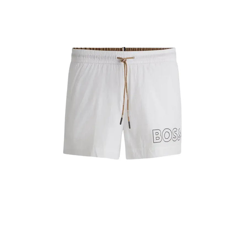 White Boss men swimwear swim trunks with a subtle textured waistband and matching drawstring for comfortable wear