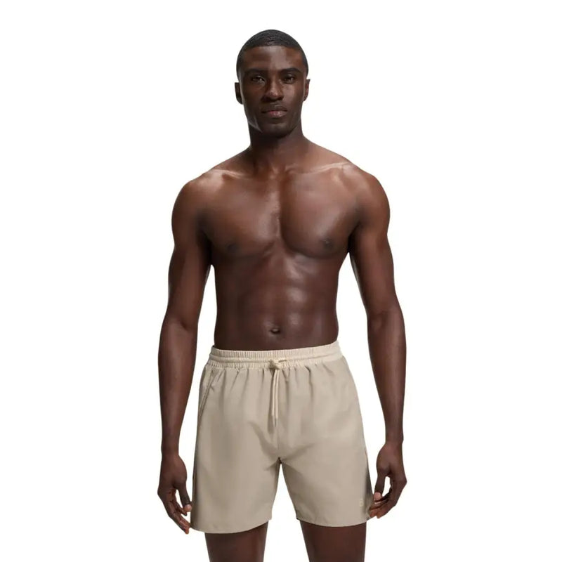 Beige Boss Herren-Badeshorts mit elastischem Bund, Kordelzug, Polyestergewebe und Taschen