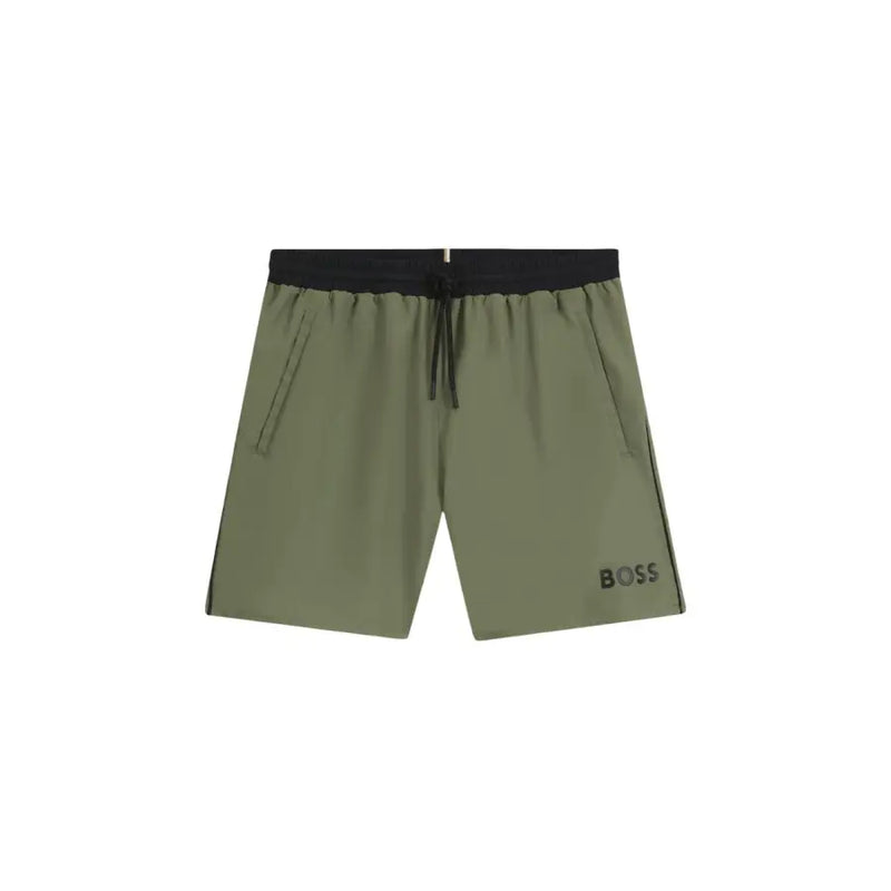Olivgrüne Boss Herren-Badeshorts aus Polyester mit schwarzem elastischem Bund, Kordelzugtaschen und Seitenstreifen