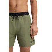 Boss Herren-Badehose aus olivgrünem Polyester mit schwarzem elastischem Bund, Kordelzug und gesticktem Boss-Logo