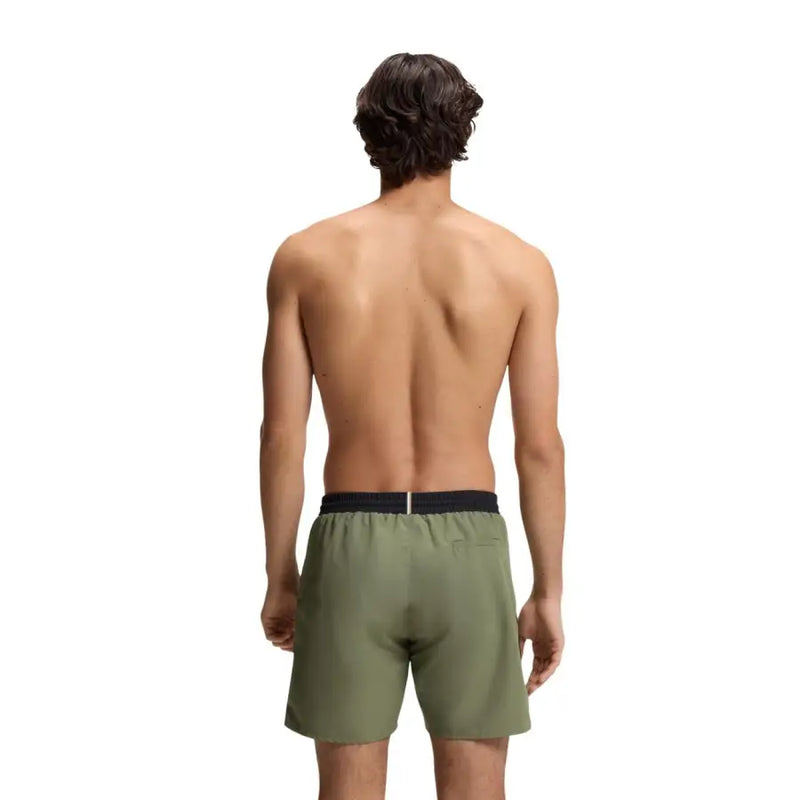 Boss Herren-Badehose, olivgrün, aus Polyester, mit schwarzem Gummibund und Taschen, zum Schwimmen