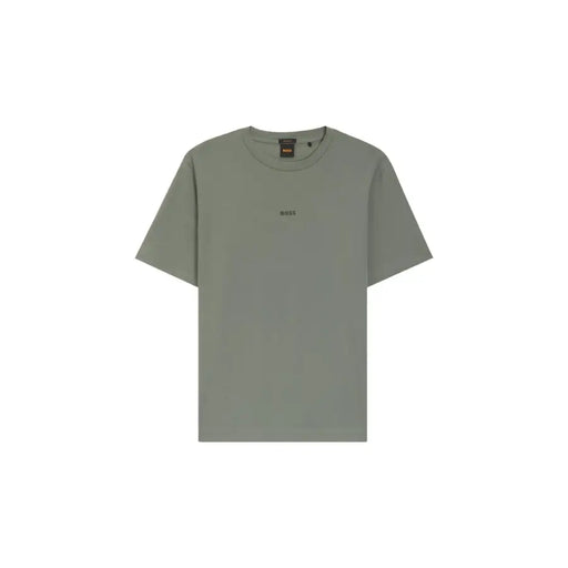 Boss men t-shirt in minimalist olive green with subtle boss logo embroidery and matching brand tag at the collar