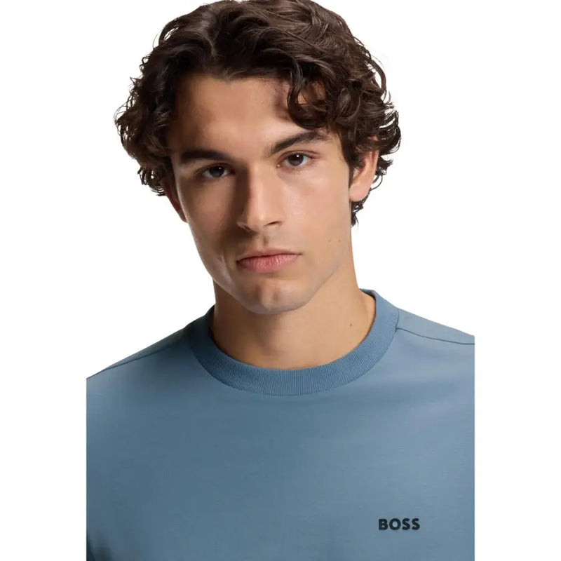 Boss Herren-T-Shirt, hellblaues Baumwoll-Stretch-Sweatshirt mit Rundhalsausschnitt, dezentem Rippstrickkragen und gesticktem Logo