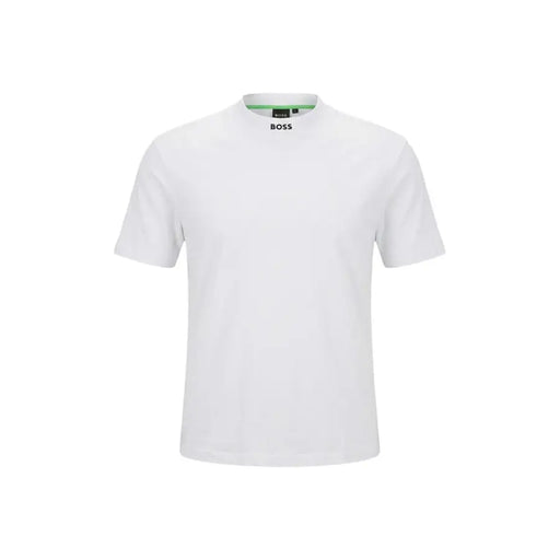 Boss men t shirt white short sleeved round neck cotton elastane with subtle green inner collar trim