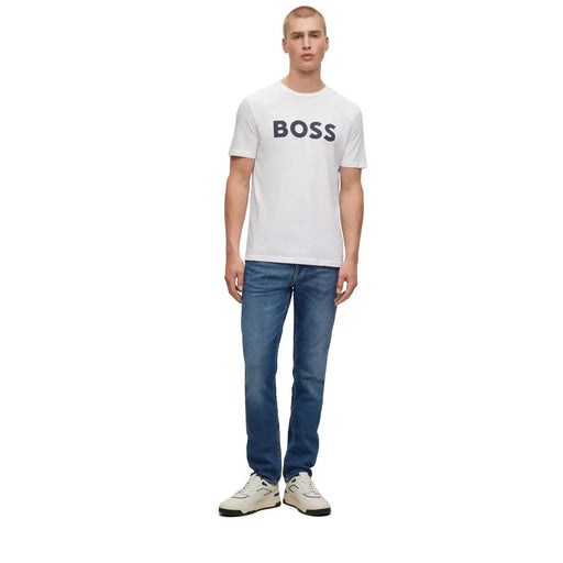 White boss men t-shirt with black logo lettering made of soft cotton for casual wear