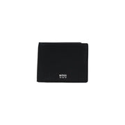 Schwarzes Leder hugo Boss Men Geldbörse im minimalistischen Design mit dezentem weißen Logo, Vorderansicht