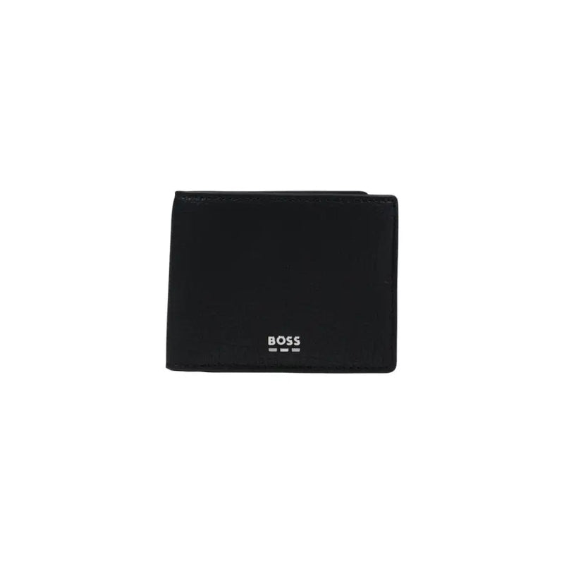 Schwarzes Leder hugo Boss Men Geldbörse im minimalistischen Design mit dezentem weißen Logo, Vorderansicht