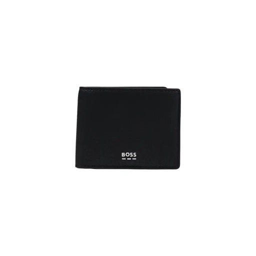 Schwarzes Leder hugo Boss Men Geldbörse im minimalistischen Design mit dezentem weißen Logo, Vorderansicht