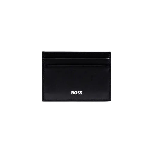 Schwarzer, glänzender Kartenhalter aus Leder mit weißem Logo, entworfen für die Boss Men Wallet Kollektion