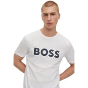 White cotton T-shirt with Boss logo print on front, round neck for men