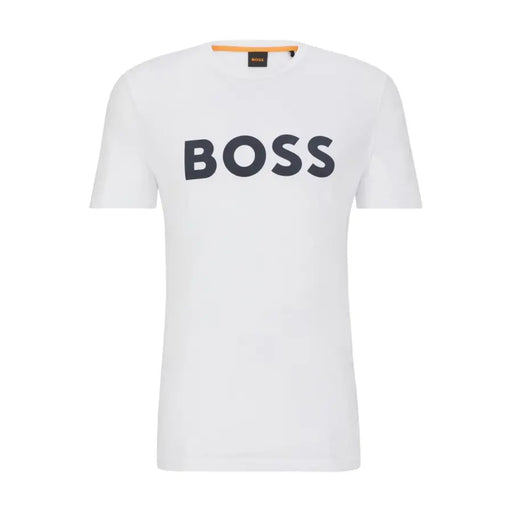 White short-sleeve crewneck cotton T-shirt with logo print for Boss Men collection