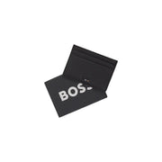 Schwarzes Herren-Kartenetui aus Leder von Boss mit minimalistischem Design und weißem Boss-Logo auf Polyurethan, Größe W10