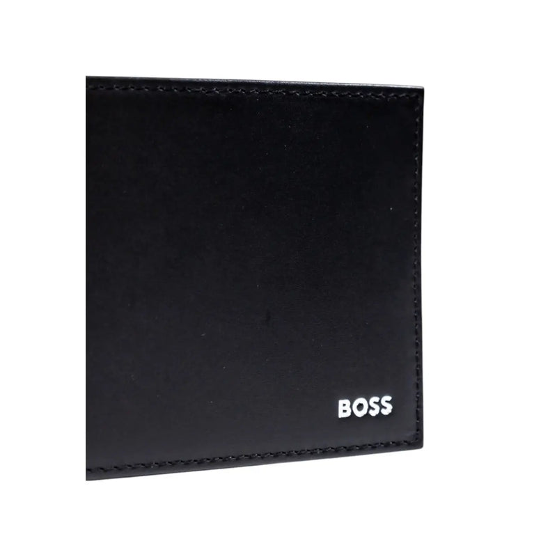 Schwarze Herren-Ledergeldbörse von Boss mit weißem, in der Ecke gesticktem Boss-Logo, Maße: 11 x 9 x 1,5 cm