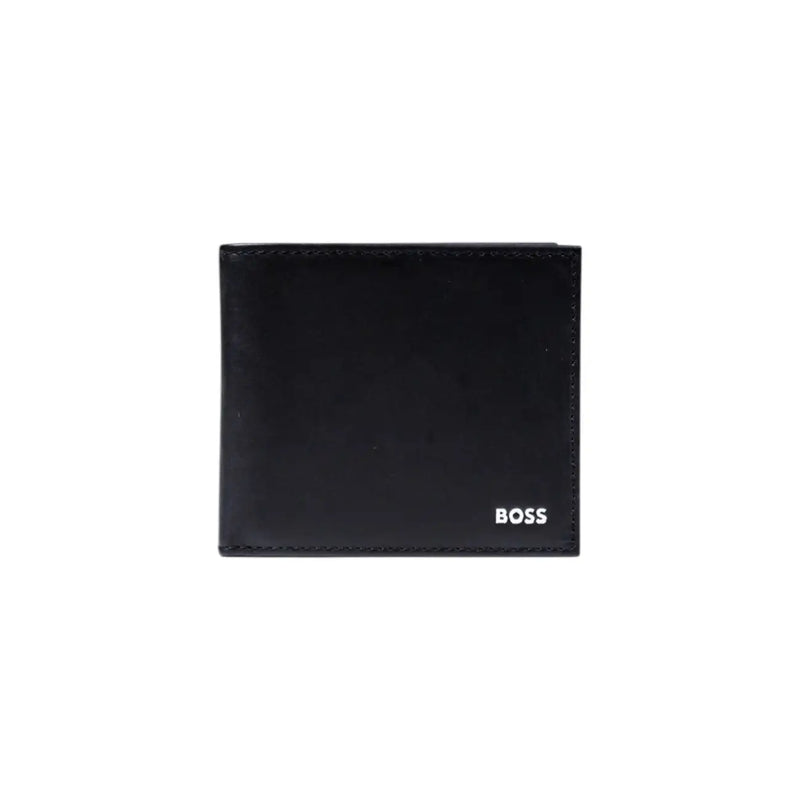 Boss mens black leather wallet with white boss logo in the lower right corner measuring 11x9x1.5 cm