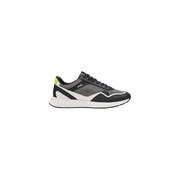 Schwarzer Boss Herren-Laufschuh aus Polyurethan mit schwarz-grauem Mesh-Obermaterial, neongrüner Fersenlasche, weißer Zwischensohle und Boss-Logo an der Seite