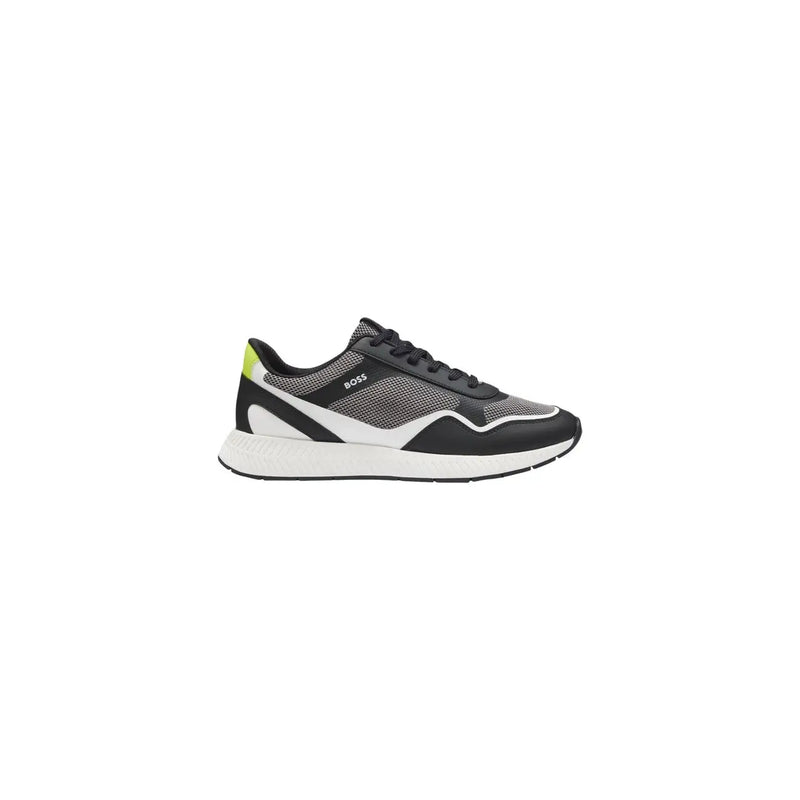 Schwarzer Boss Herren-Laufschuh aus Polyurethan mit schwarz-grauem Mesh-Obermaterial, neongrüner Fersenlasche, weißer Zwischensohle und Boss-Logo an der Seite
