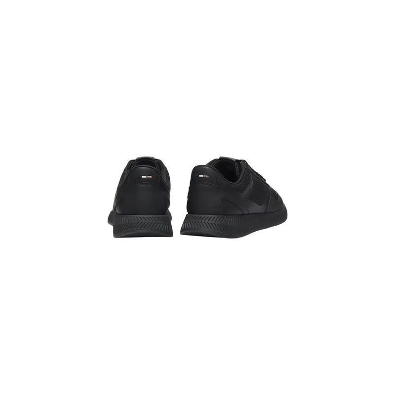 Schwarze Boss Herren-Laufschuhe aus Polyurethan, von hinten gesehen, mit elegantem, minimalistischem Design und dezentem Fersenlogo.