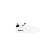 White leather sneaker with black accents and logo.