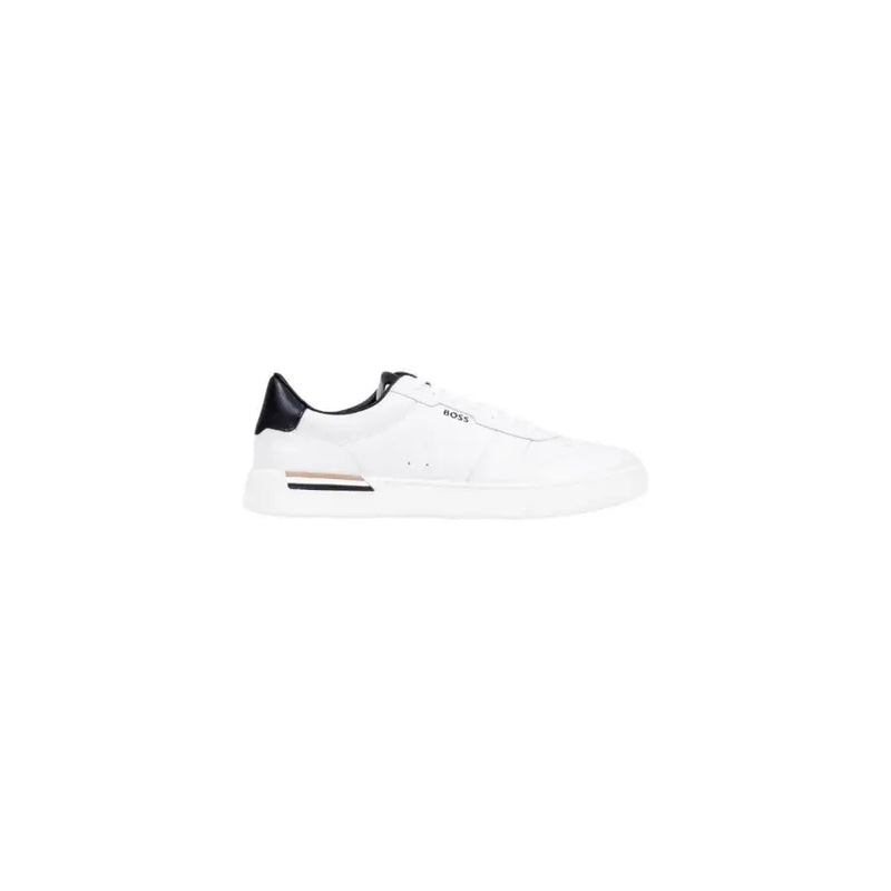 White leather sneaker with black accents and logo.