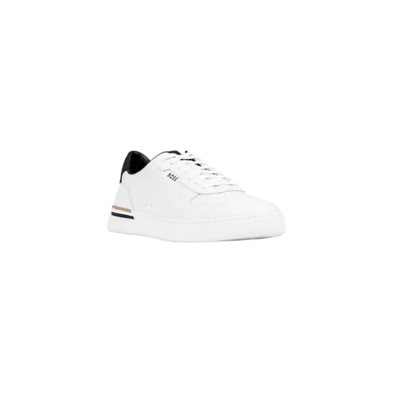 White leather keds sneaker with black accents and logo.