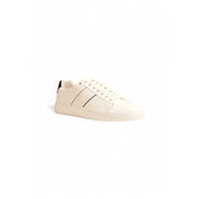Boss white leather sneakers for men cream leather with black accent stitching and matching heel tab fall winter collection