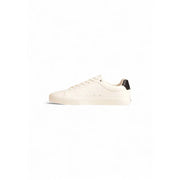 Boss white leather sneakers for men featuring cream canvas low-top design with black rubber heel tab and matching laces