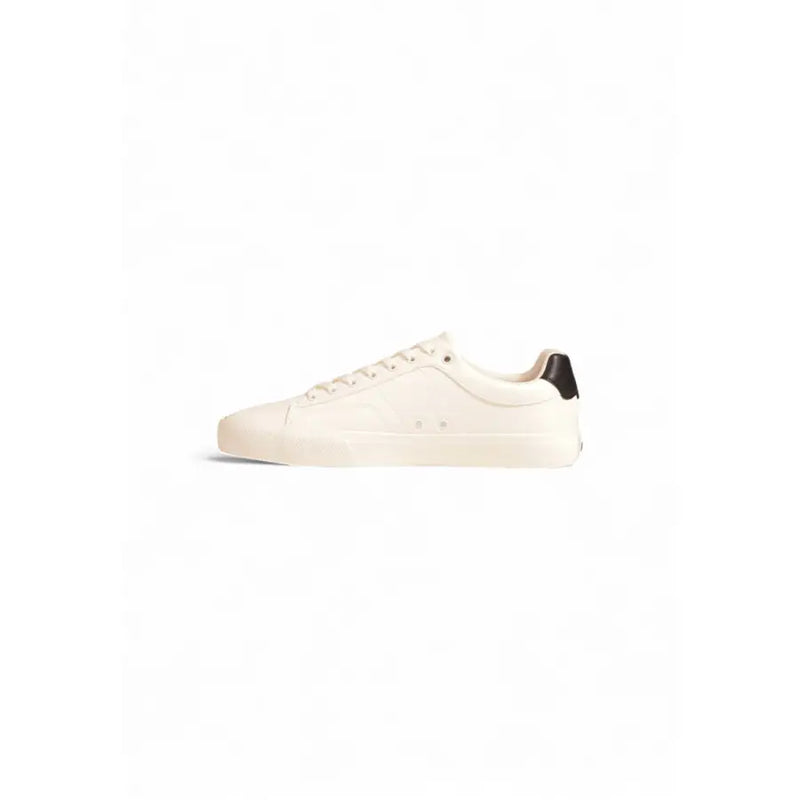 Boss white leather sneakers for men featuring cream canvas low-top design with black rubber heel tab and matching laces
