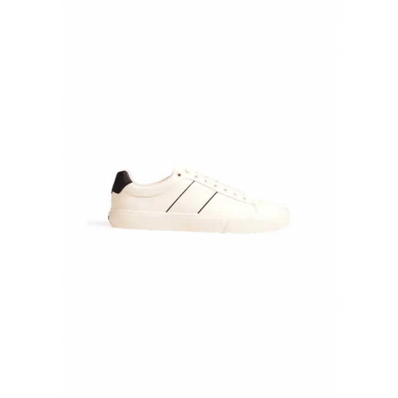 Boss white leather low-top sneakers for men with black heel accents and diagonal side stripes fall winter collection