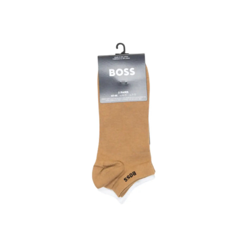 Beigefarbene Boss Damen-Knöchelsocken aus gestricktem Baumwoll-Elastan mit dezentem Logo an der Ferse für den Alltag