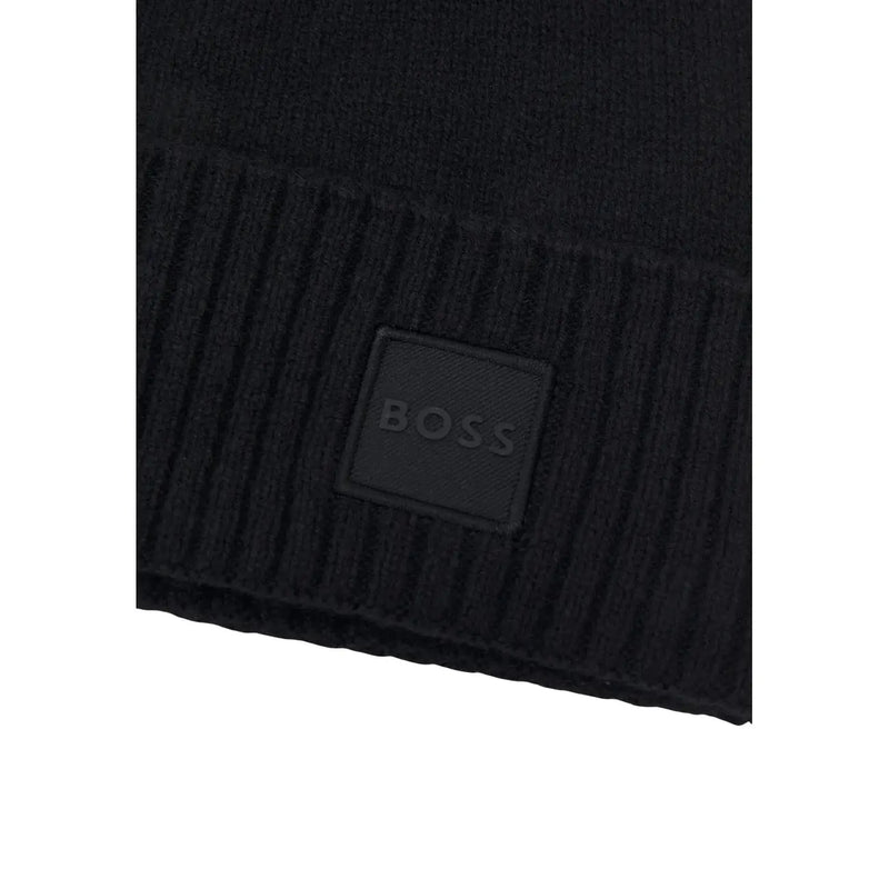 Boss Wollmütze Akaio für Herren, schwarz, gerippt, mit quadratischem Logo-Patch, Vorderansicht
