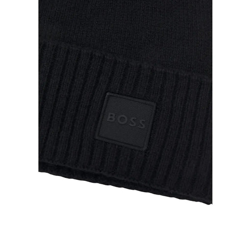 Boss Wollmütze Akaio für Herren, schwarz, gerippt, mit quadratischem Logo-Patch, Vorderansicht