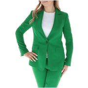 Bright green women’s suit jacket with single button closure from Sol Wears Women