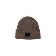 Brown knit beanie featuring a black patch, designed as the Beige Knit Beanie With Black Patch