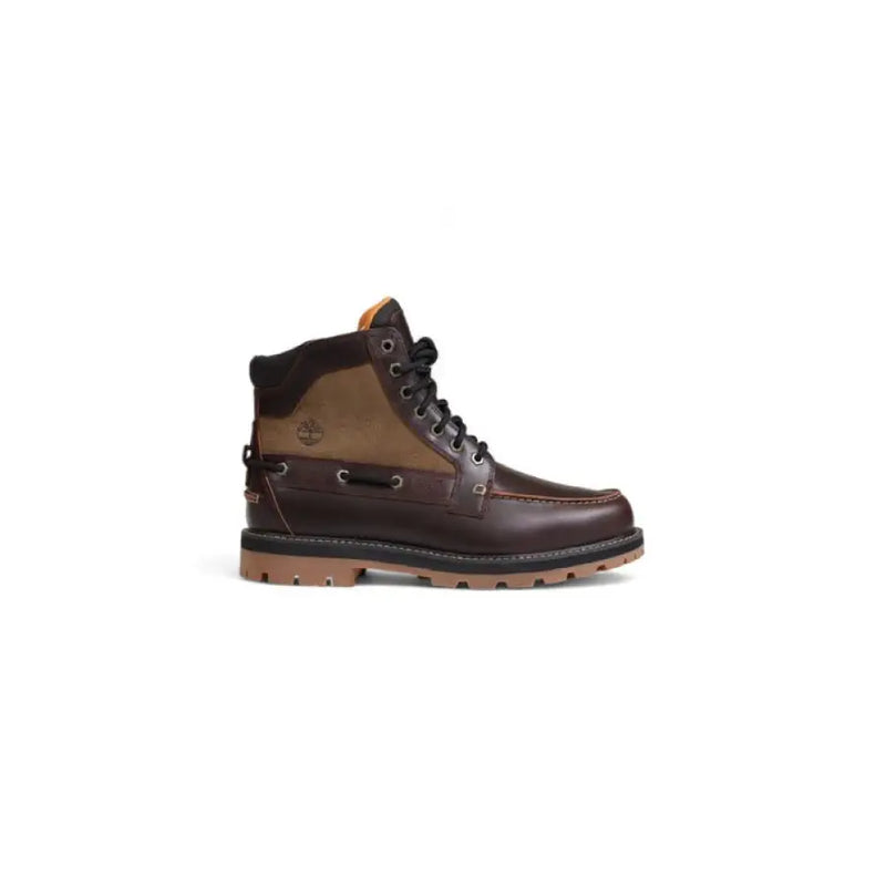 Timberland Men’s Brown Ankle Boots in Leather and Rubber showcasing a stylish design