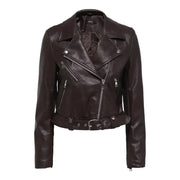 Brown Women’s Blazer with Zip and Long Sleeves in brown leather biker style