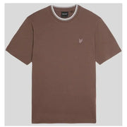 Brown short sleeve T shirt with white striped banded collar displayed for sale