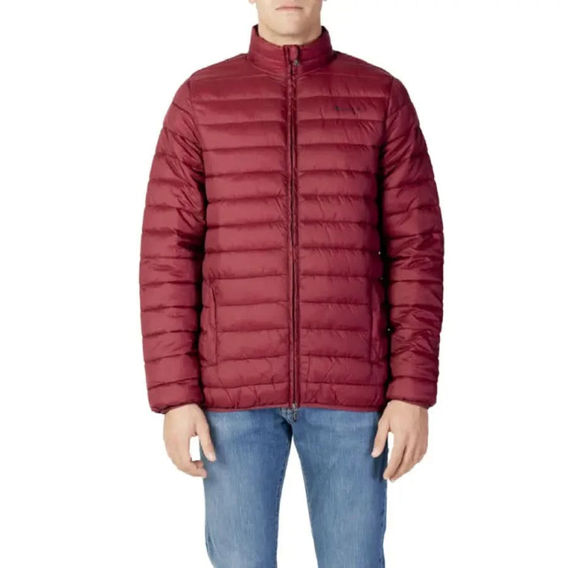 Burgundy quilted puffer jacket featuring a full-length zipper and front pockets