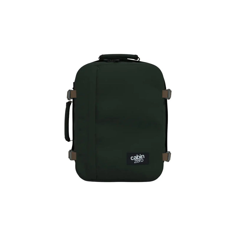Dunkelgrüner Cabin Zero Herren-Rucksack, klassisch, 28 l, mit schwarzem Griff und braunen Schnallenakzenten aus Polyester