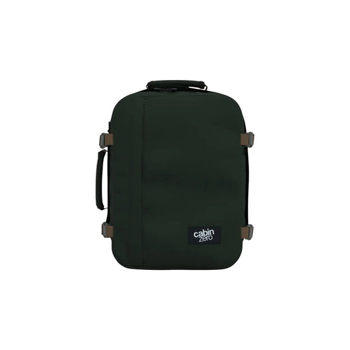 Dunkelgrüner Cabin Zero Herren-Rucksack, klassisch, 28 l, mit schwarzem Griff und braunen Schnallenakzenten aus Polyester