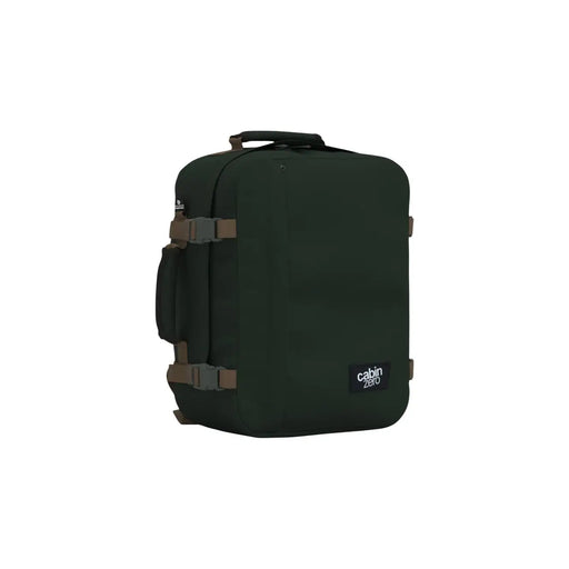 Dunkelgrüner Cabin Zero Handgepäckkoffer mit braunen Gurten und top Rucksack mit Griff aus Polyester, 28 Liter Volumen