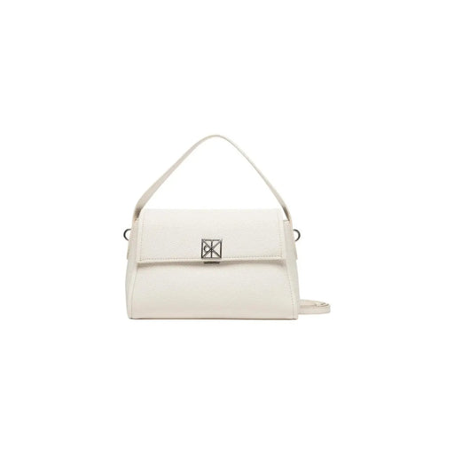 Calvin Klein beige crossbody bag with white leather, minimalist design, silver clasp
