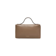 Calvin Klein beige polyurethane handbag with sleek taupe leather and minimalist design featuring black top handle