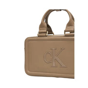 Calvin Klein beige leather zippered women’s handbag with embossed ck logo and gold-tone hardware 22x12.5x7 cm