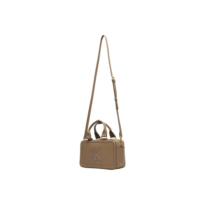 Calvin Klein beige leather crossbody bag with structured rectangular shape and gold-tone ck logo on front with zipper closure