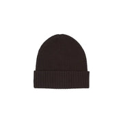 Brown ribbed beanie hat with fold-over cuff and soft texture.