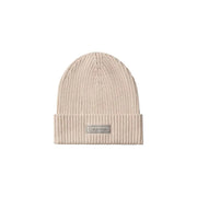 Beige calvin klein ribbed beanie with logo patch.
